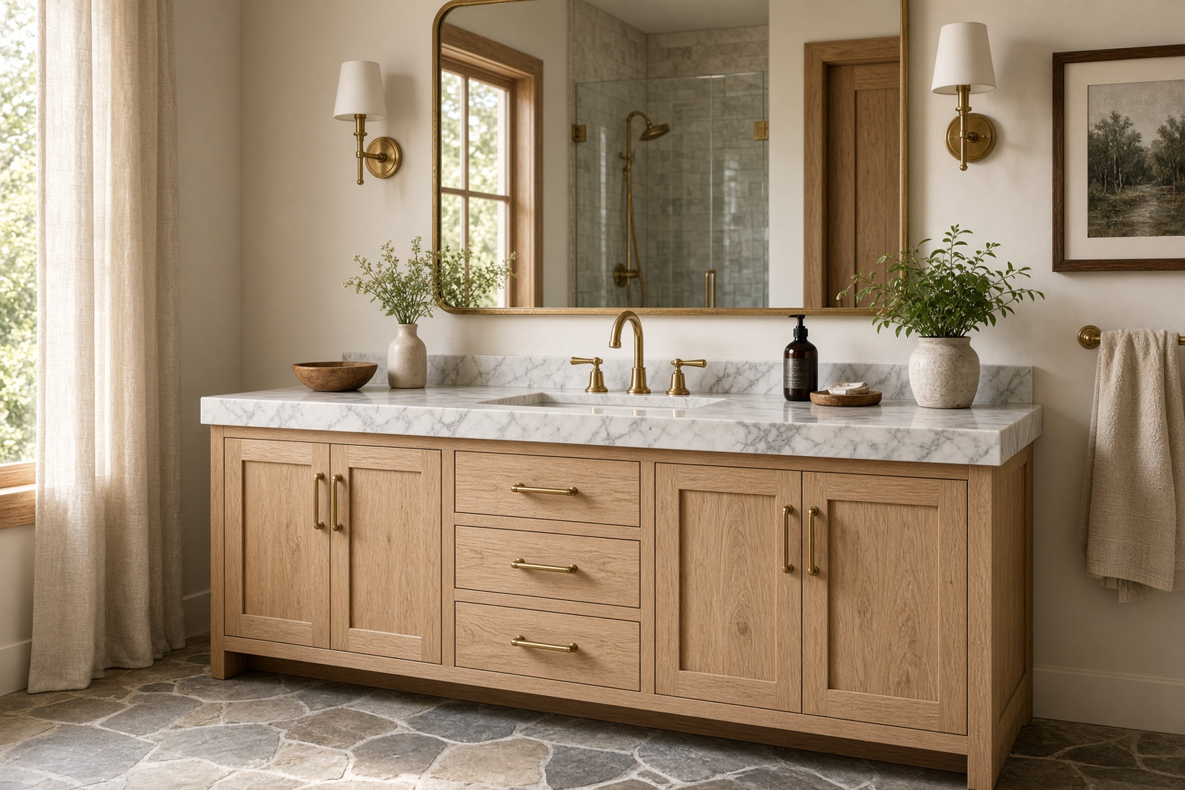 Primary bath vanity with thick white marble and brass faucet