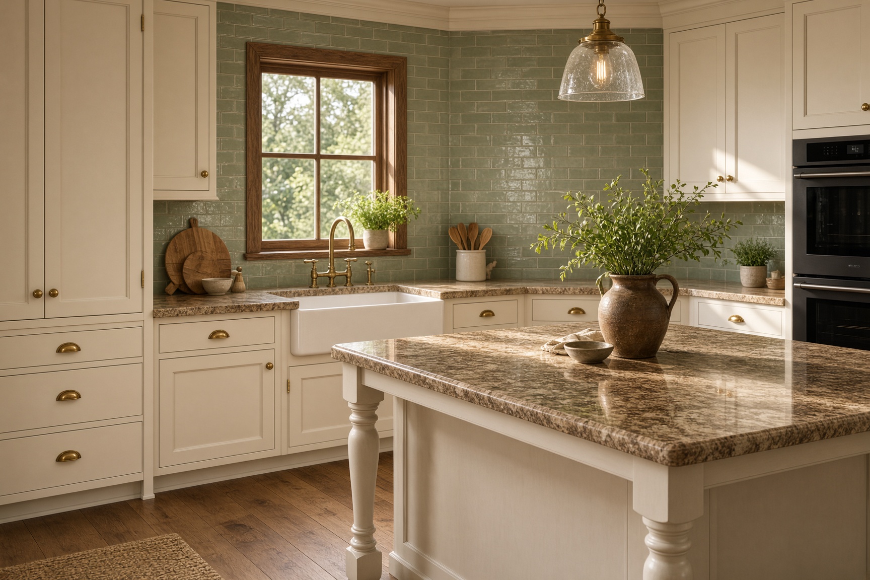 Farmhouse kitchen with warm granite counters and sage subway tile
