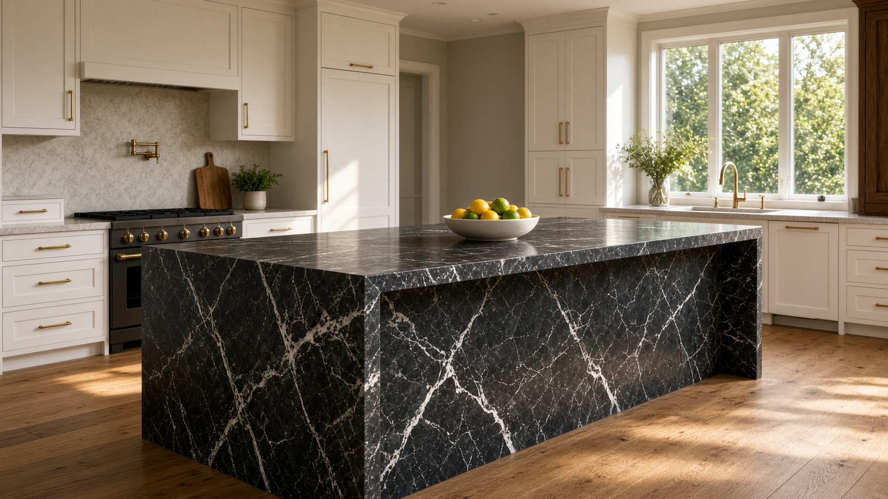 Dark granite waterfall island in a sunlit custom kitchen