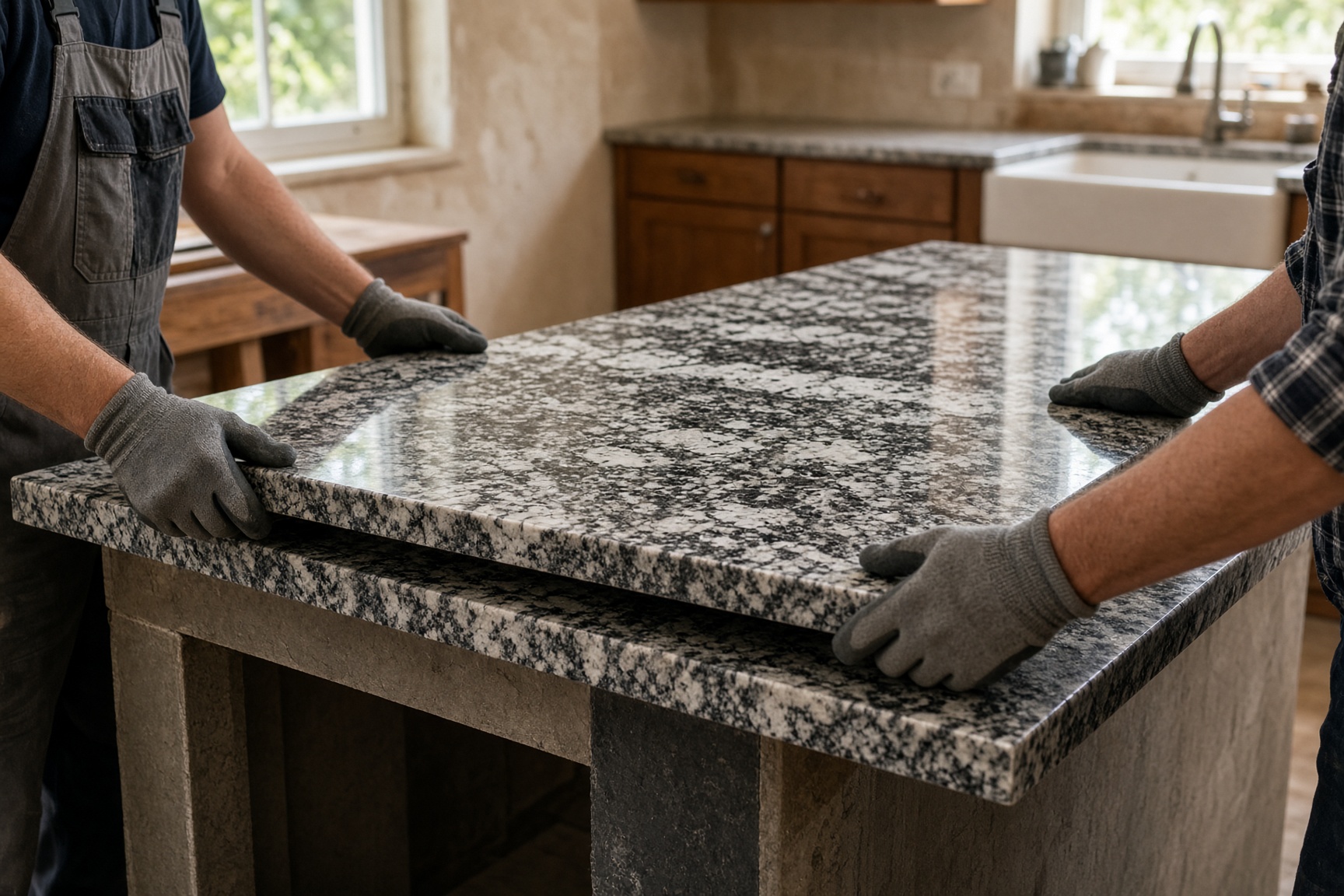 Fabricators setting a granite slab on a kitchen island