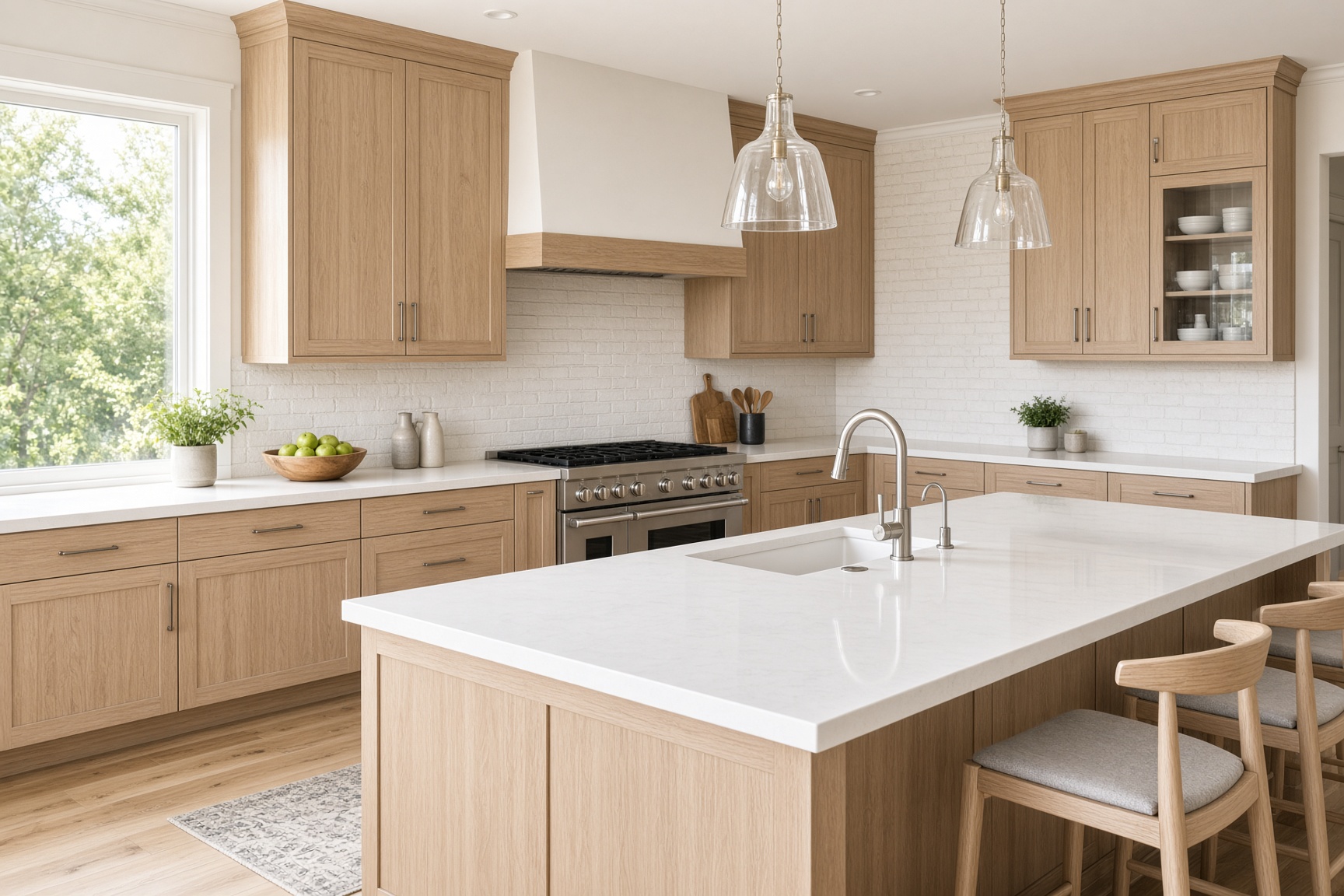 Airy kitchen with white quartz counters and pale oak cabinets