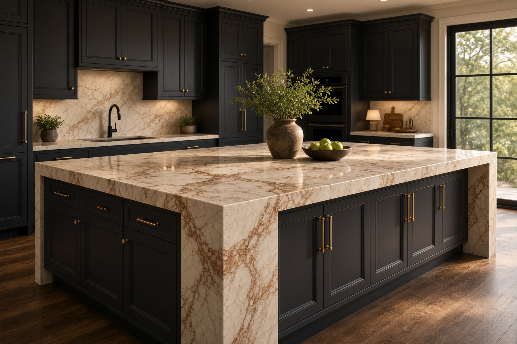 Creamy quartzite kitchen island with rust veining and dark cabinets