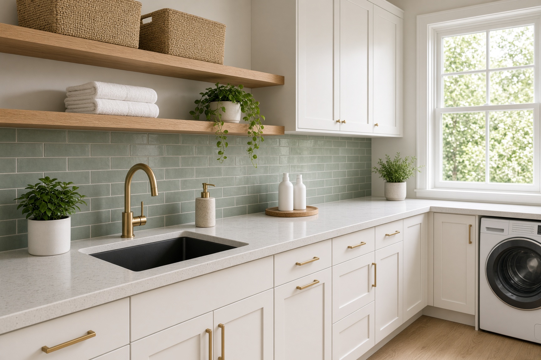 Laundry room with quartz counters and green subway tile
