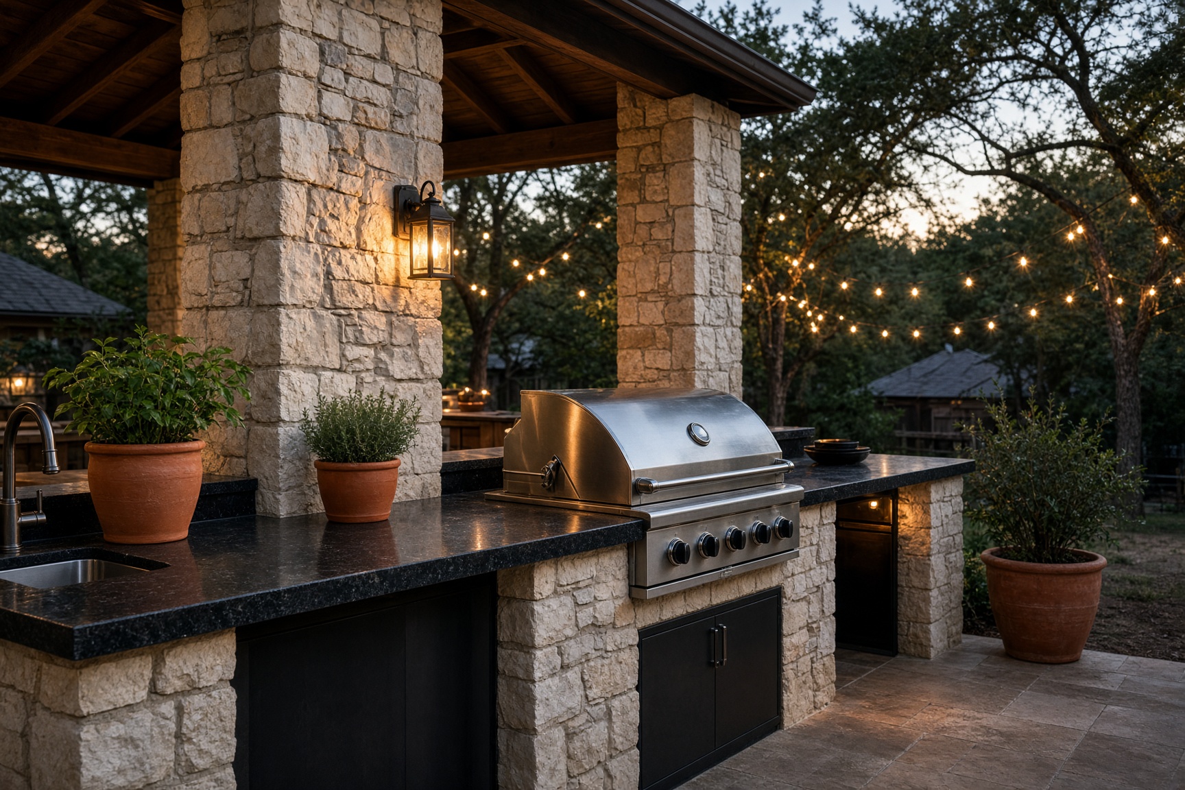Covered outdoor kitchen with Absolute Black granite and a stainless grill