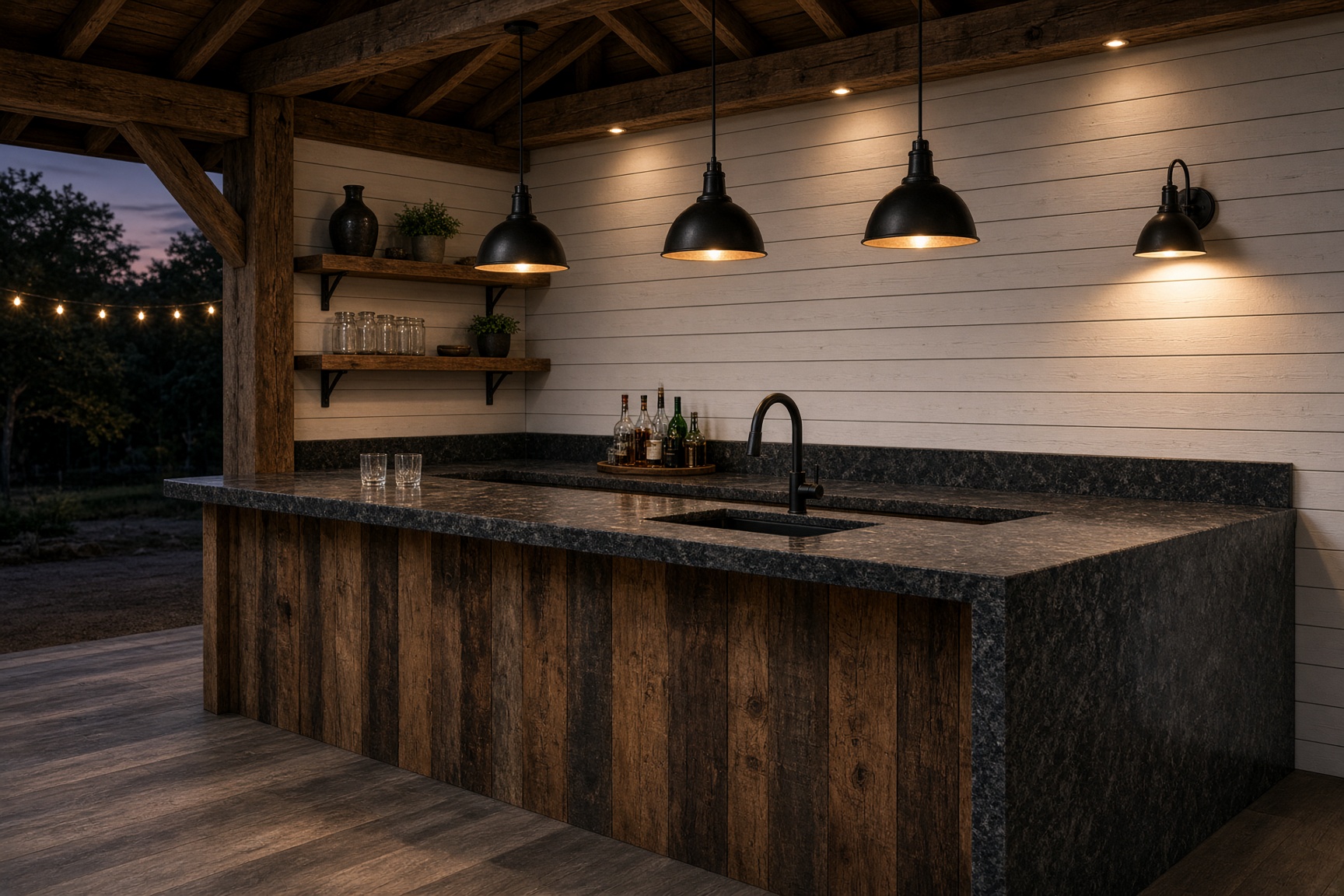 Dark granite wet bar in a rustic Texas party barn