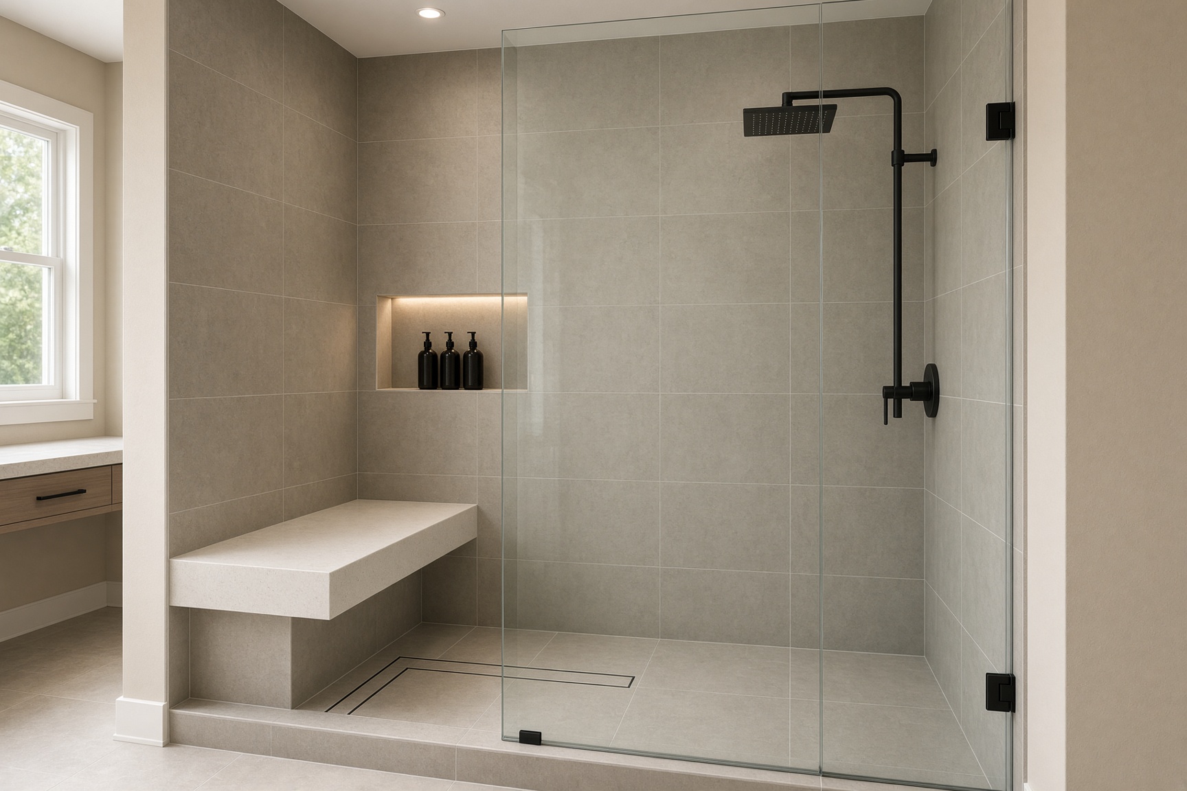 Walk-in shower with large-format taupe tile and quartz bench