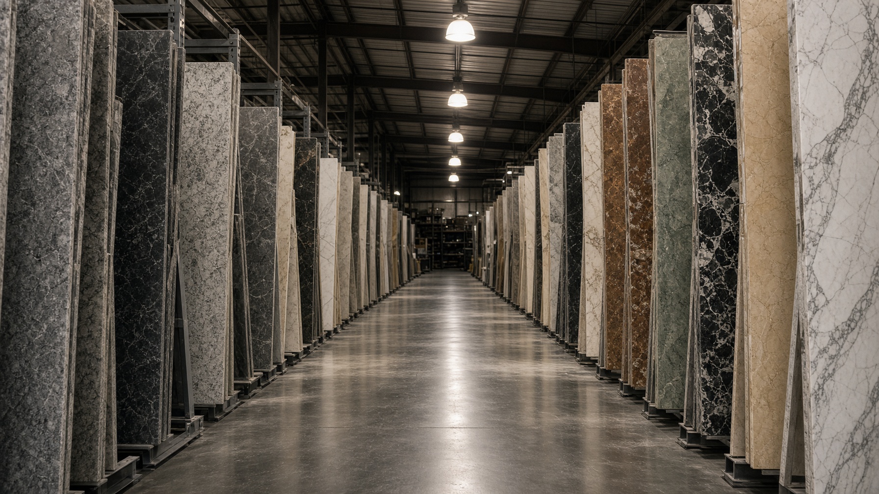 Rows of granite and quartz slabs in the Rapid Granite warehouse