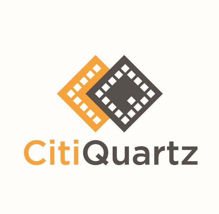 Logo of CitiQuartz featuring two overlapping diamond shapes with square patterns, one in orange and the other in gray. Below, the text "CitiQuartz" is written, with "Citi" in orange and "Quartz" in gray.