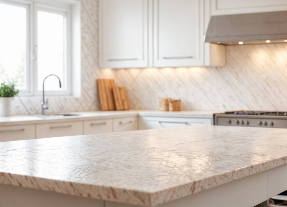 Modern kitchen with light-colored marble countertops and white cabinets. A stainless steel stove is on the right, with a vent hood above. Cutting boards are near the window, and a small plant is on the counter. The backsplash features diagonal tiles.